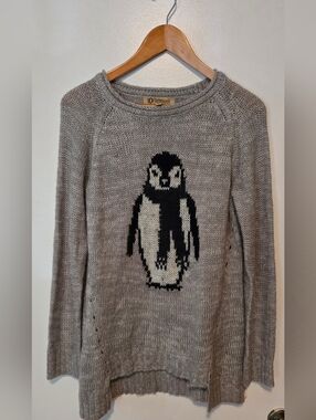 Democracy Gray Crewneck Sweater with Black Penguin Motif